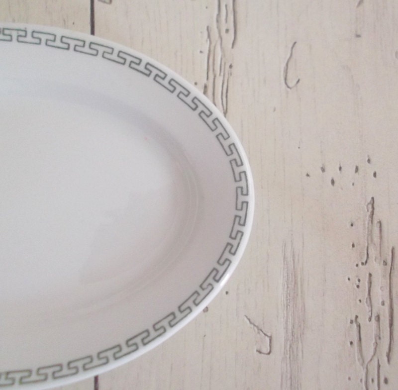 Ironstone Oval Dish or Platter Small White Vintage  Restaurant Ware Ironstone USA Ohio White Green Edging