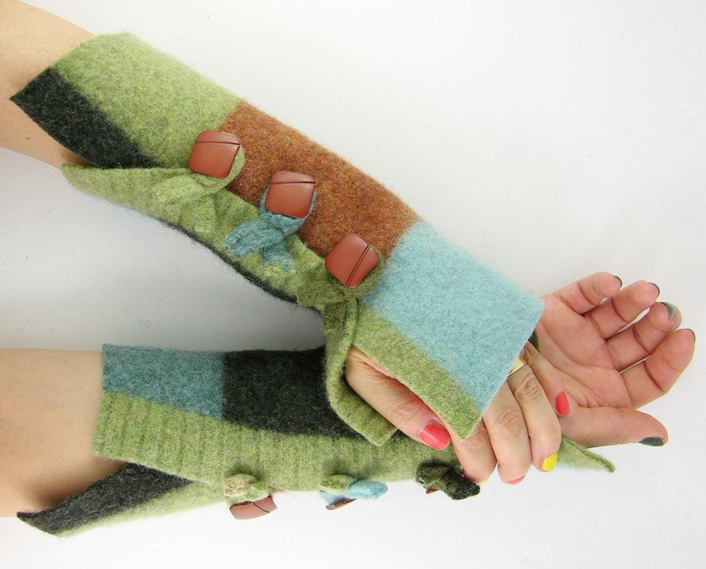 color block arm warmers fingerless mittens wrists warmers fingerless gloves recycled wool fall blue brown green eco friendly curationnation