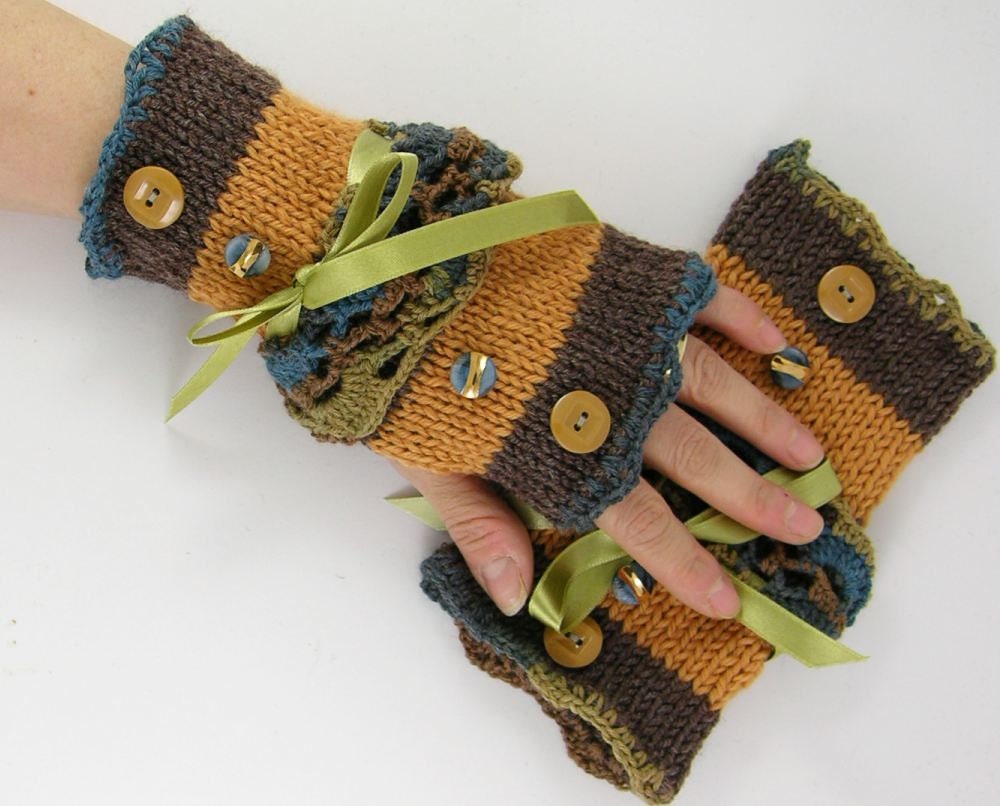 Knit fingerless gloves arm warmers fingerless mittens mustard olive teal lace victorian curationnation