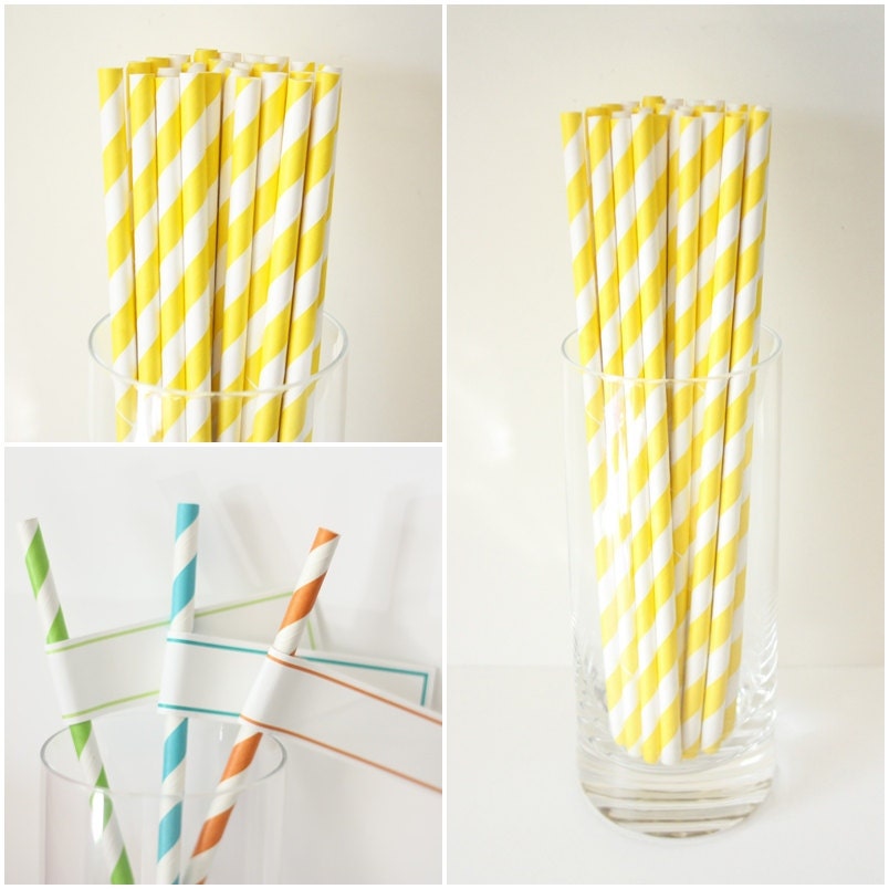 25 Yellow PAPER STRAWS - Yellow Striped Straws - Retro Straws - Paper straws with flags - vintage wedding bridal shower baby birthday party Il_170x135
