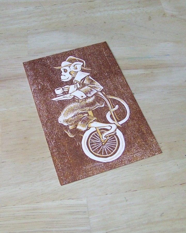 Victorian Tea Drinking Monkeys on Unicycles - Masculine - Two layer reduction woodblock print, brown and orange on cream