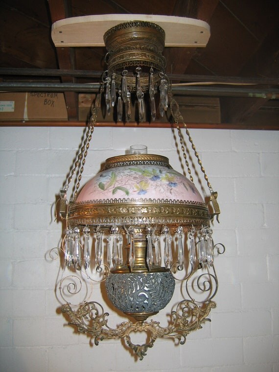Antique B & H Library Kerosene Hanging Oil Lamp by Antiquescove