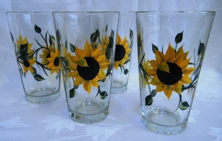 Pitcher and Beverage Glasses hand painted with bright yellow Sunflowers