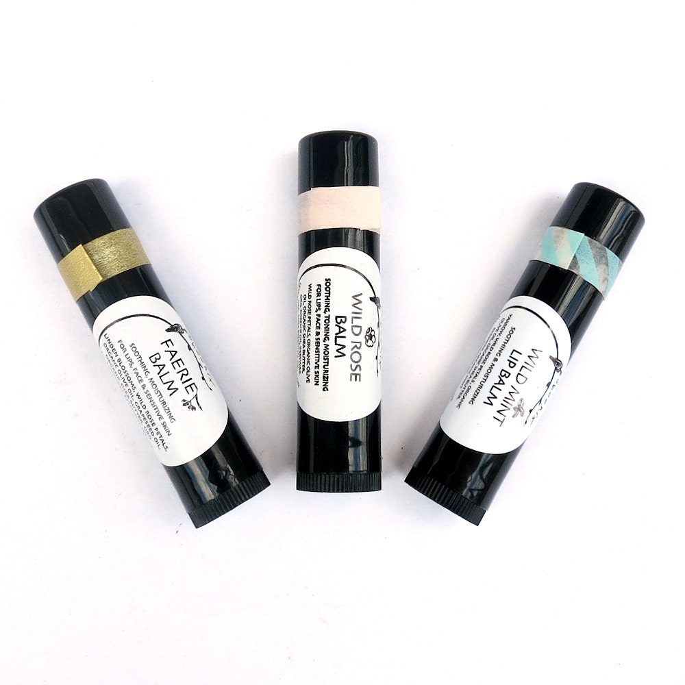 Organic Herbal Lip Balms - Set of 3, Shea Butter, Infused Herbs, in Black Recycled-Plastic Tubes
