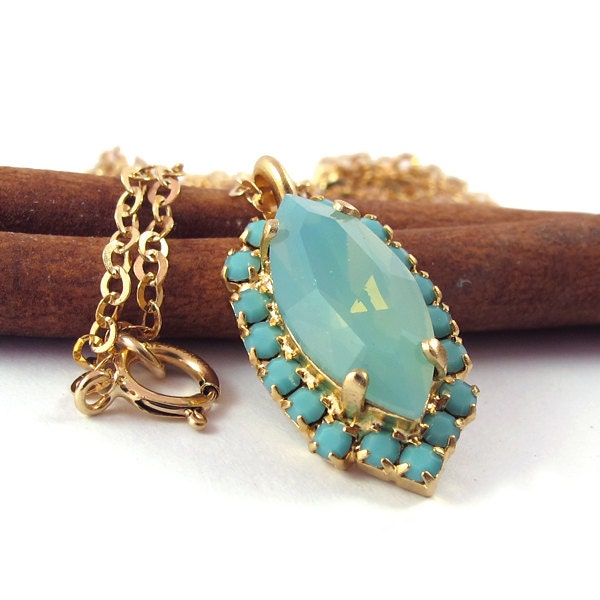 Crystal Pacific opal pendant, turquoise necklace, 14k gold filled chain, real swarovski rhinestones, marquise shape