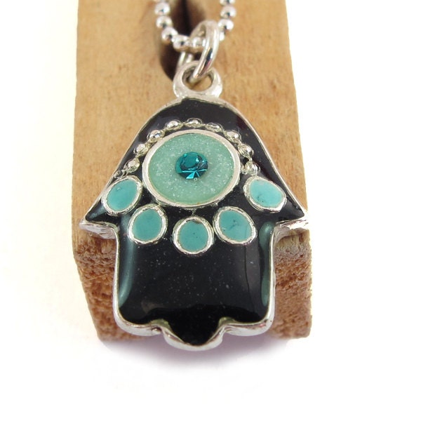 silver necklace, hamsa pendant, black & turquoise  Hamsa , Sterling silver chain,  charm necklace