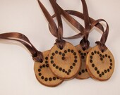 Four Rustic Heart Wood Burned Christmas Tree Ornaments Hangings  Cherry Wood Stocking Stuffer