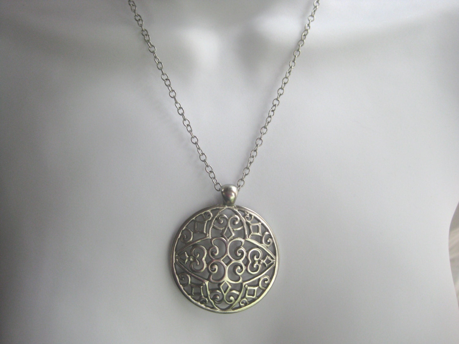 new listing-- Silver Tone Filigree Round Pendant on Long Chain.  Bold and Beautiful FREE Shipping