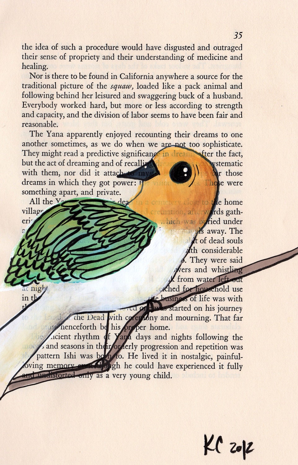 retro bird art - Look back bird- burnt orange, kelly green, white feathers on a bent tree limb  - retro 1970s illustration style