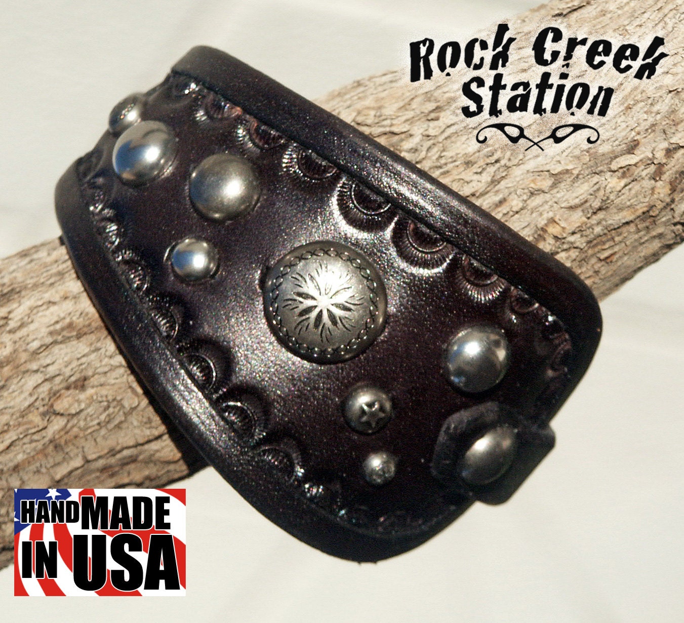 Black Spotted Curved Leather Wrist Cuff with Roller Buckle, Handmade Bracelet