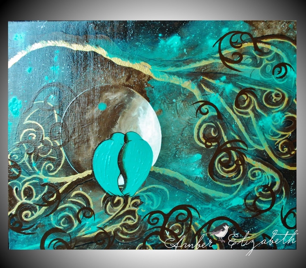 Love Birds Original Painting 16 x 20 Acrylic on Canvas Surreal Art Amber Elizabeth Lamoreaux Moon Branches Blue Green Brown