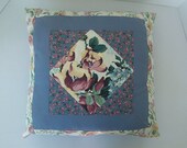 Pillow 16" SQUARE POLY-FILL Patchwork Blue Cream Floral Cushion Home Accent Decor Country Cottage Shabby Bedroom Living Room Accessory Gift