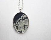 Navy Necklace, Navy Blue Wedding Necklace, Navy Wedding Navy Blue Jewelry Bridesmaid Lace Necklace, White Flower, Silver Pendant