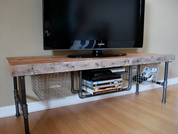 Wood Coffee/Media stand with steel pipe legs made of reclaimed wood 