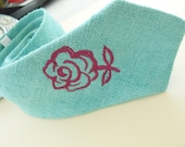 Silk Linen Necktie in Seafoam Green with a Rhubarb Rose-Handmade