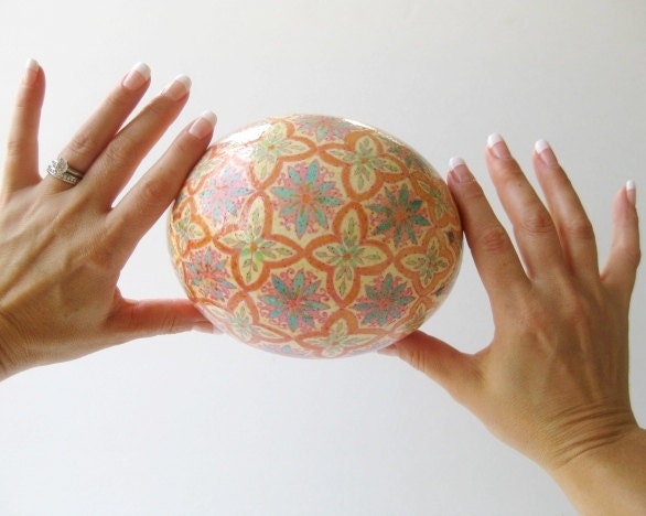 Moroccan tile inspired design Fancy Ostrich Egg pysanka - batik painted