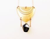 Tribal Brass Pendant  w/ Raw Black Tourmaline Nugget / Bohemian Gold Necklace