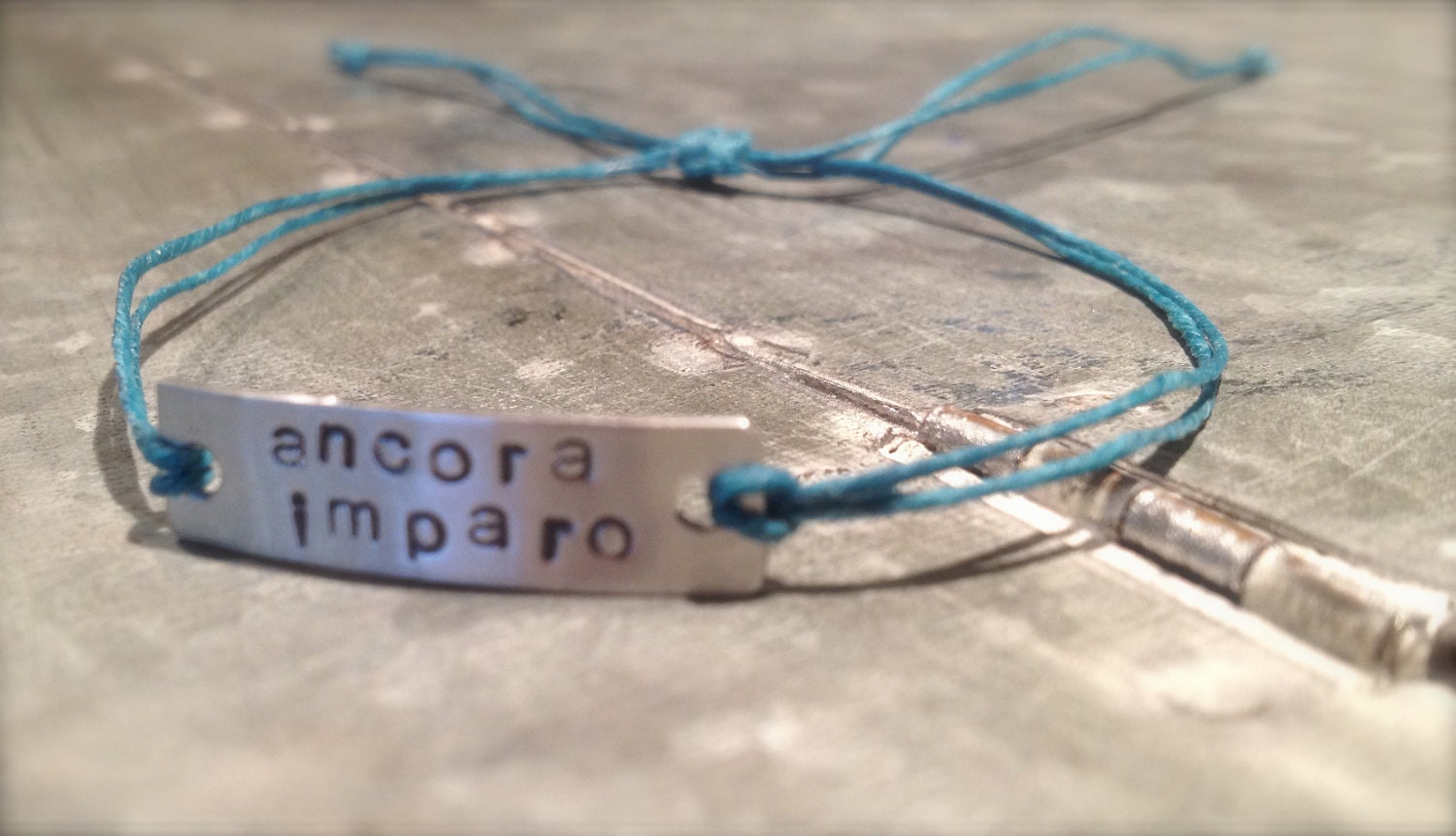 Ancora Imparo Stamped Waxed Linen Bracelet - Graduation - Teacher Gift - College - Turquoise