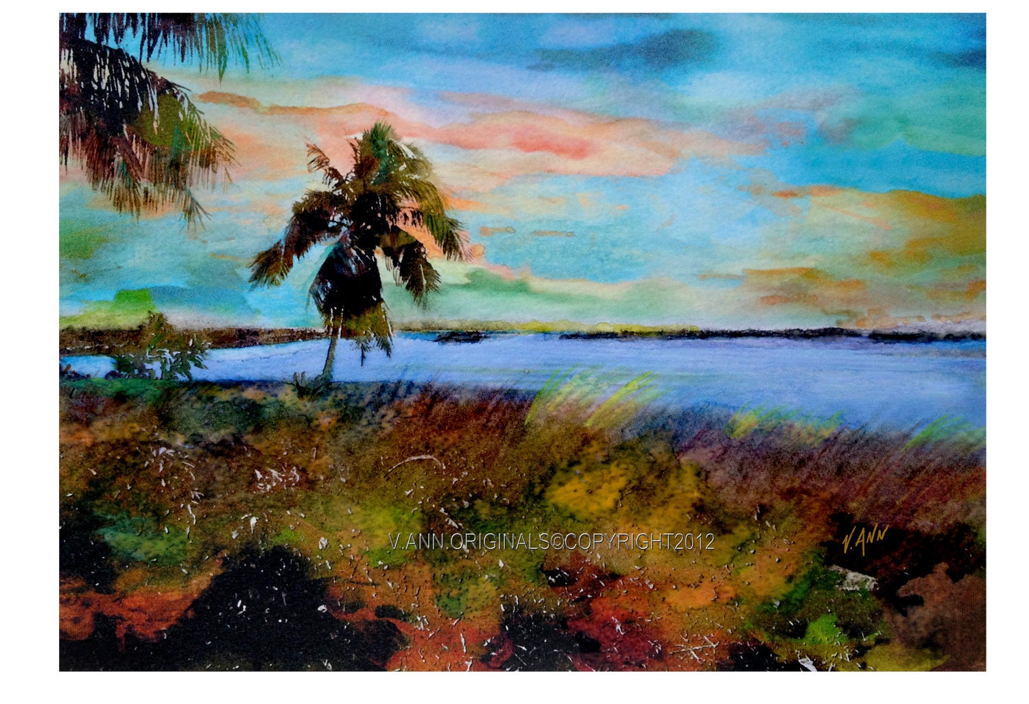 Florida Everglades Limited Edition Fine Art Painting Print by V.Ann - Landscape Nature Watercolor Palm Trees STORM SANDY DONATION 10%