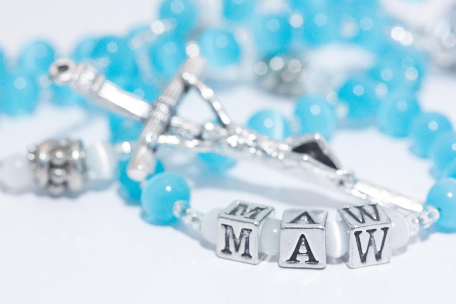 Personalized Rosary in turquoise & white
