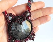 Pendant  Natural gray Larvikite , Natural  black Onix, beads rope,embroidered necklace