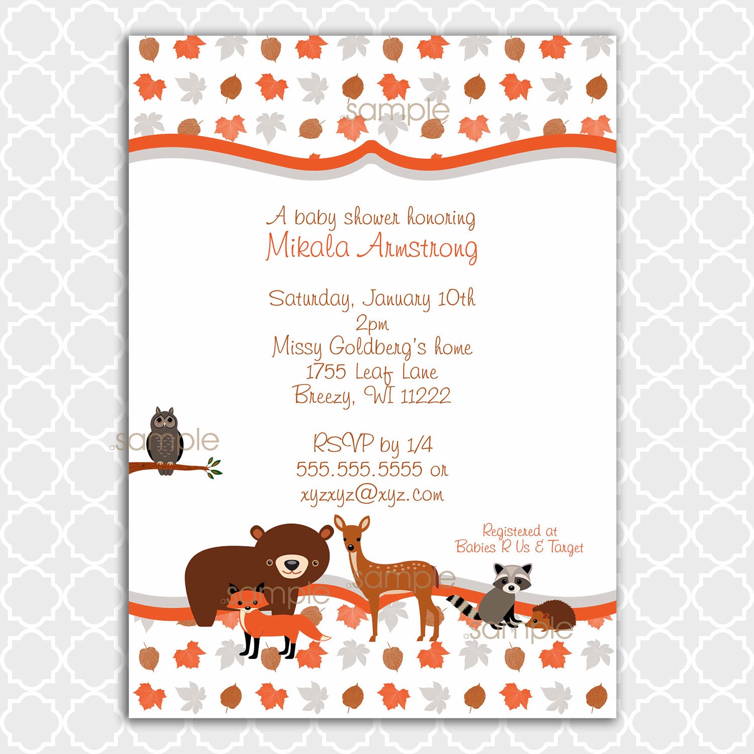 Woodland Animals Baby Shower or Birthday Party Invitation  / neutral boy or girl / printable digital file  / UPRINT / print your own