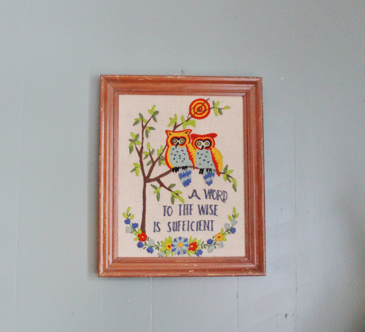 spring sale // Vintage 60s Needlepoint Owl Proverb Wall Hanging - Crewel - Framed - Mod Kitsch
