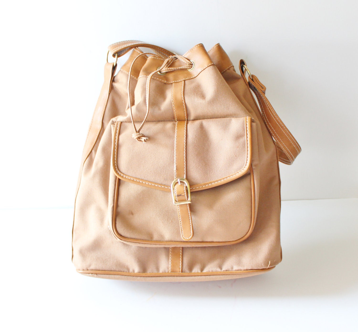 Vintage Canvas Bucket Purse Bag - 1970s - Holiday Fair