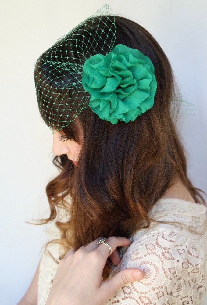 Kelly Green Flower Hair Clip with Birdcage Veil