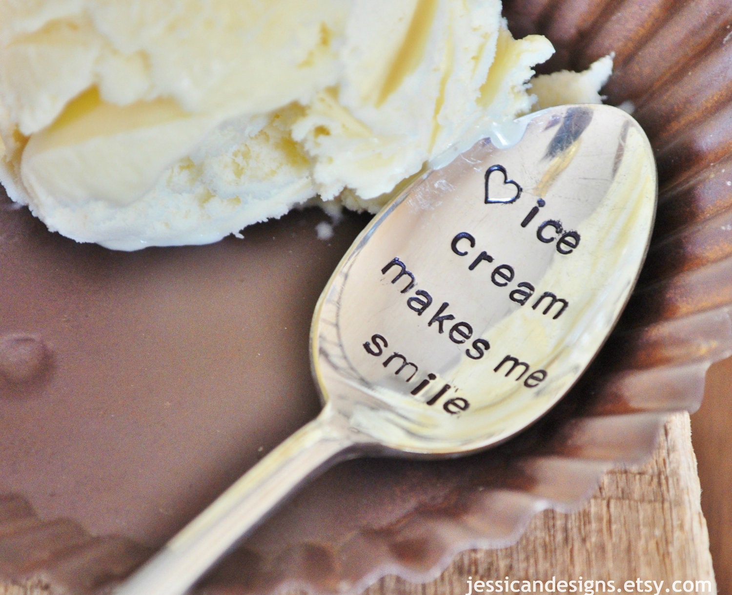 Ice Cream Makes Me Smile (TM) - Hand Stamped Vintage Spoon For Ice Cream Lovers
