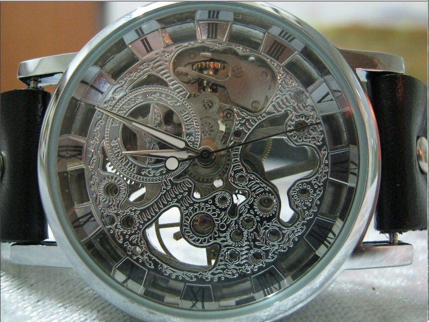 Steampunk Mechanical Watch Steampunk Skeleton Watch Steampunk Mechanical Black wrap leather Retro watch with Roman Numbers FREE SHIP