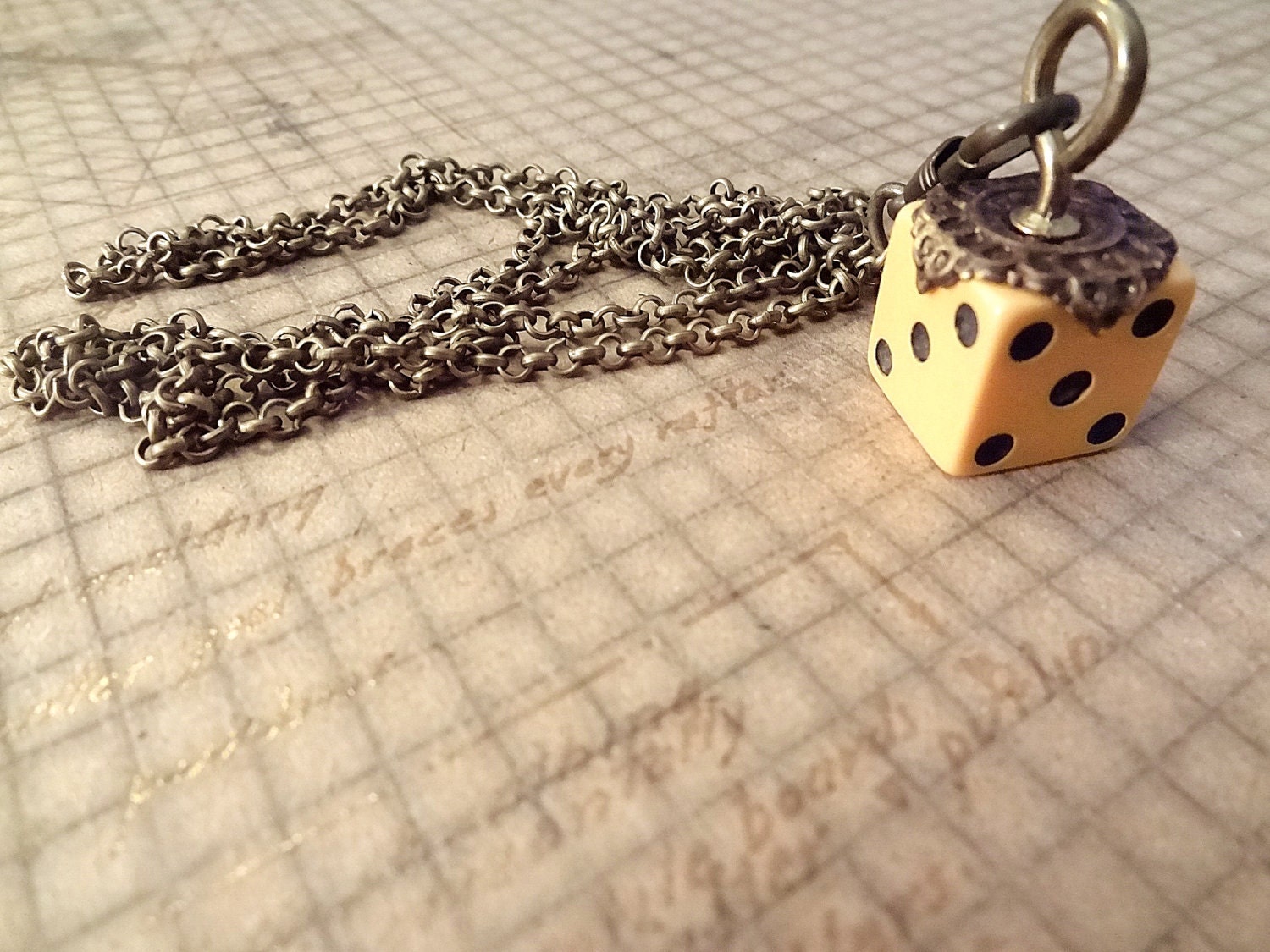 FREE Shipping vintage large bakelite dice filigree brass steampunk necklace