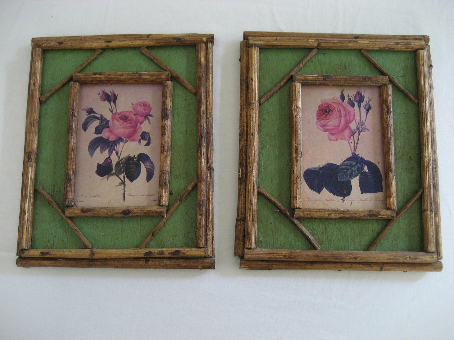 On hold for MJ:  pair of twig and wood framed rose botanical prints