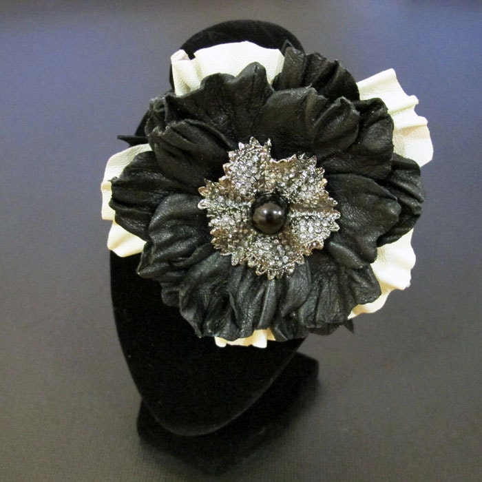 Leather Brooch Flower Pin Black Scarf Flower