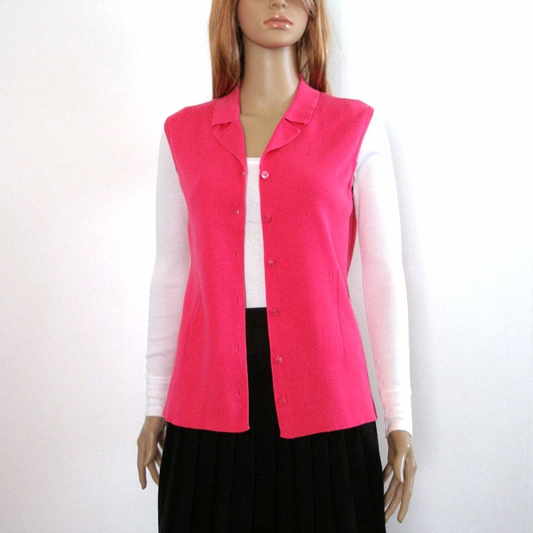 1980s Sweater Vest / 80s Hot Pink Flambe Curvy Sweater Vest / SM