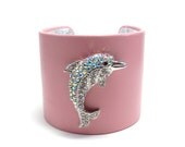 Nautical Crystal Dolphin Bracelet - Pink and Silver Leather Cuff - Dolphin / Fish Jewelry - Resort - Beach - Accessory