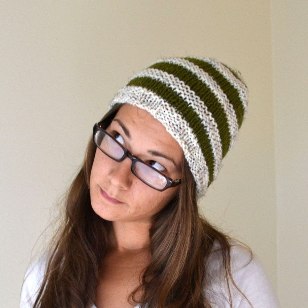 Knit Hat Woodland Stripe Beanie Cap Olive Green and White