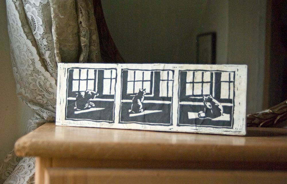 Kelly's Morning Bath 2, Mounted Linoleum Block Print