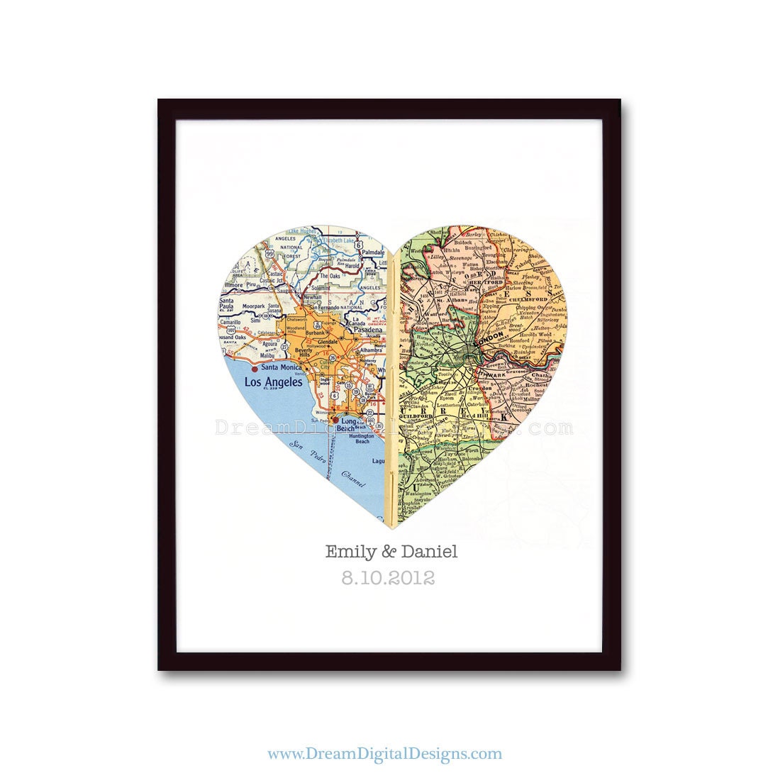 Personalized Art Map Wall Decor - Wedding Gift Engagement Gift Map Art Print One Heart with 2 Locations Valentine Gift faux stitched middle - DreamDigitalDownload
