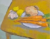 Still Life- Simple Fare- 12x12 Original Oil Painting- Lemon, Carrot, Garlic, Onion Still Life