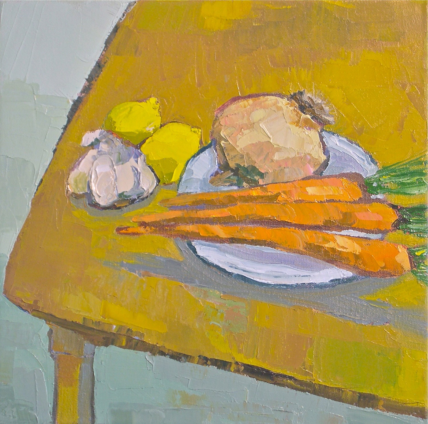 Still Life- Simple Fare- 12x12 Original Oil Painting- Lemon, Carrot, Garlic, Onion Still Life