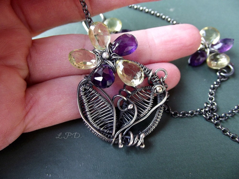 Wire Wrapped Sterling Silver Necklace and Earrings Set Wire Sculpture African Amethyst and Lemon Quartz.