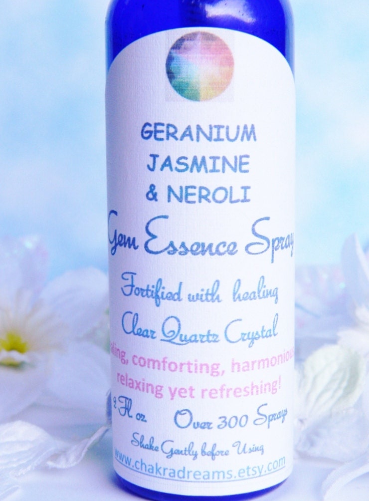 Geranium-Jasmine-Neroli Gem Essence Spray in Clear Quartz Infusion- Winter Wonderful Healing, Chakra Balancing, Color Therapy