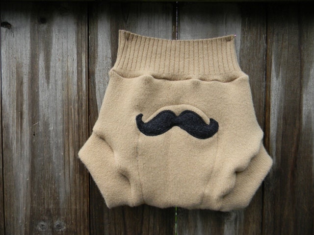 Upcycled Wool Soaker Cover With Added Doubler Tan With Mustache Applique LARGE 12-24M  Kidsgogreen