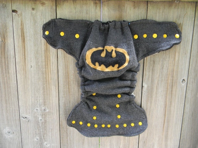 Upcycled Wool /Cashmere Nappy Cover Diaper Wrap Cloth Diaper Cover One Size Fits Most Charcoal Gray With Batman Applique
