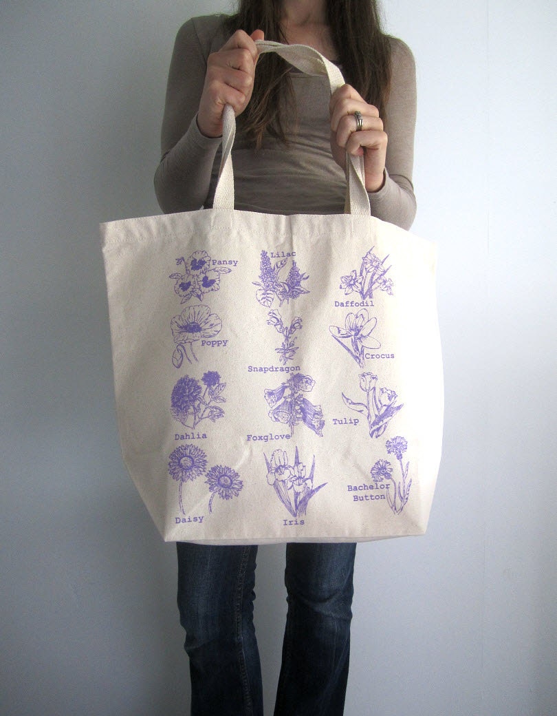 Canvas Tote Bag - Screen Printed Recycled Cotton Grocery Bag - Large Canvas Shopper Tote - Reusable and Washable - Eco Friendly - Floral