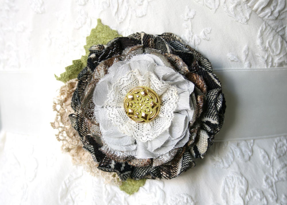 Black and Yellow Fabric Flower Corsage, Flower Pin for Dress, Textile Flower Pin