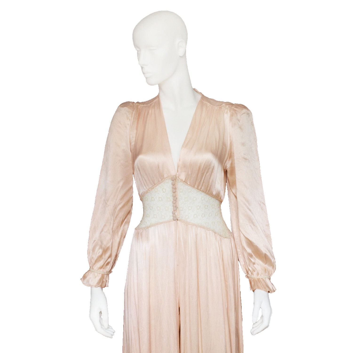Vintage 40s pale pink peach draped satin robe dressing gown house coat with lace insert waist size small
