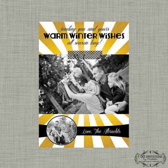 Warm Winter Wishes Holiday Photo Card Black & Gold - Digital File Il_570xn