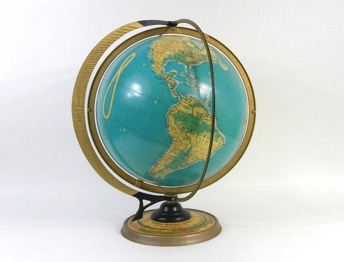 Vintage Cram's Deluxe World Globe with Sun Ray and Season Indicator, Large 16" Diameter, Classroom Globe